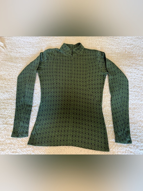 ibex Tops - Ibex Jaquard Green Diamond-Pattern Long Sleeve Zip Neck Top. Small